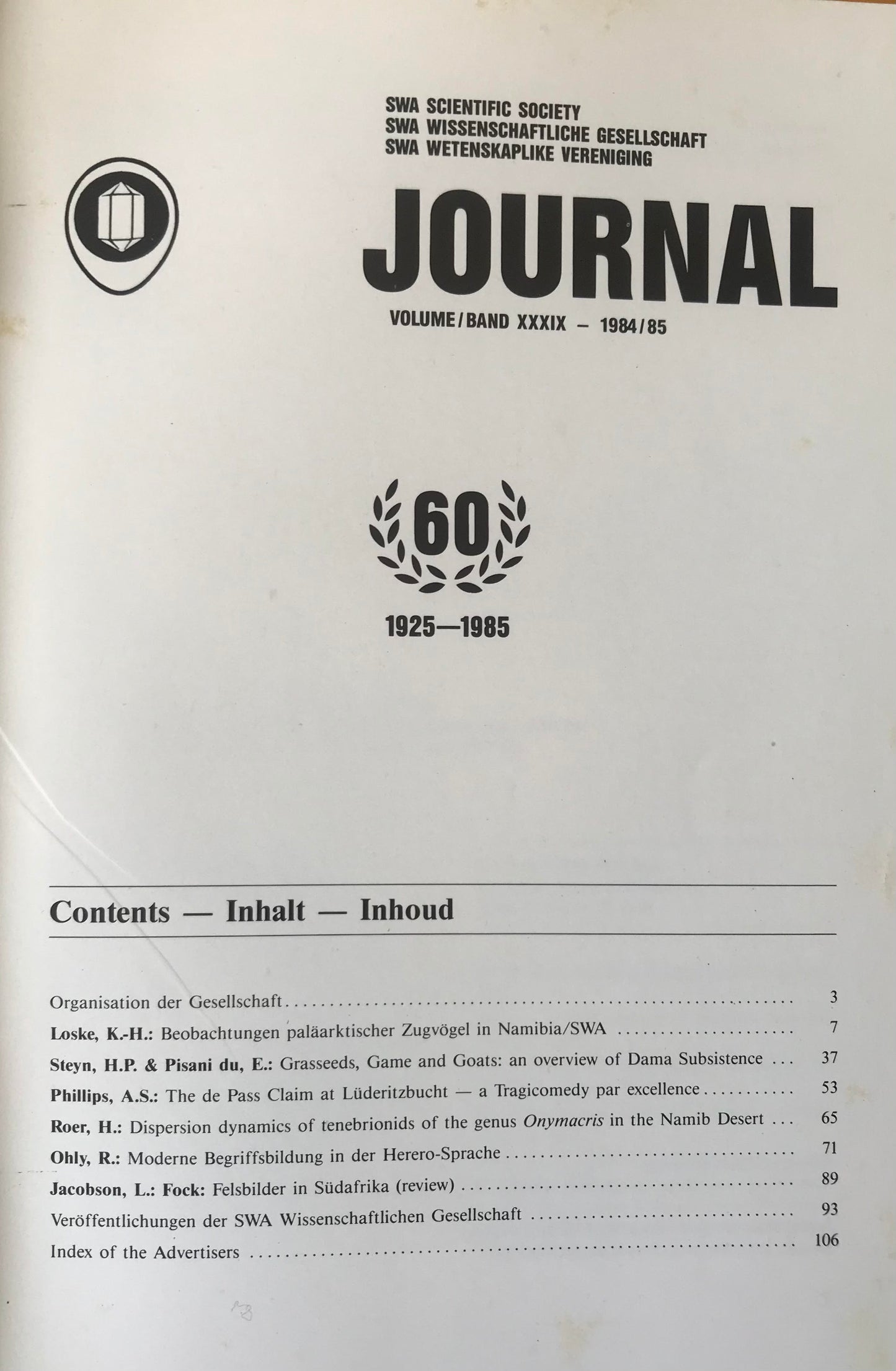 Book 2.4. Journal SWA Wissenschaftliche Gesellschaft, Bank XXXIX, 1984/85 / Journal SWA Scientific Society