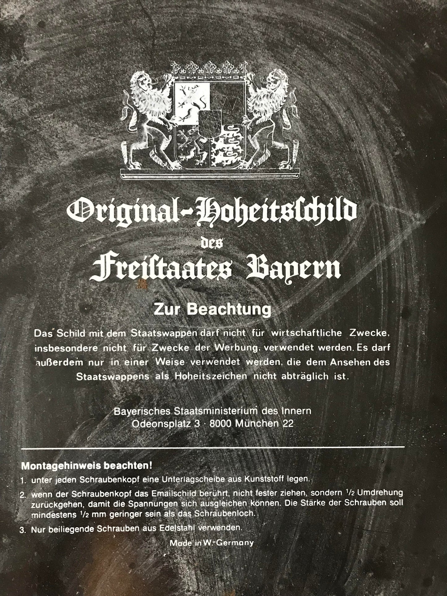 Emaille Schild - Original - Hoheitschild des Freistaates Bayern - 1950-1970er, 51cm x 34cm x 1.4cm / Original Enamel sign