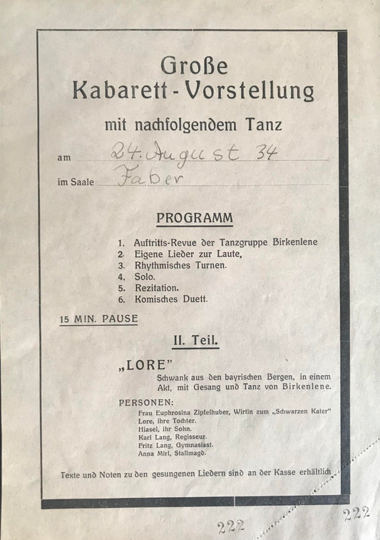 PC0135 - SWA - Programm - Grosse Kabarett-Vorstellung, 24.August1934, Swakopmund /  Program of a Cabarett Show