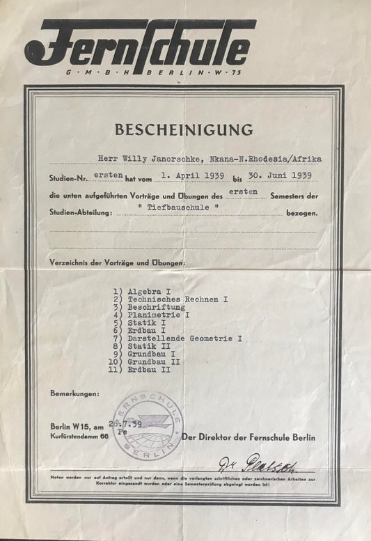 PC0136 - Fernschule - Bescheinigung eines Studiums Tiefbauschule 1939 Rhodesien  / Correspondence school - certificate of a civil engineering school Rhodesia