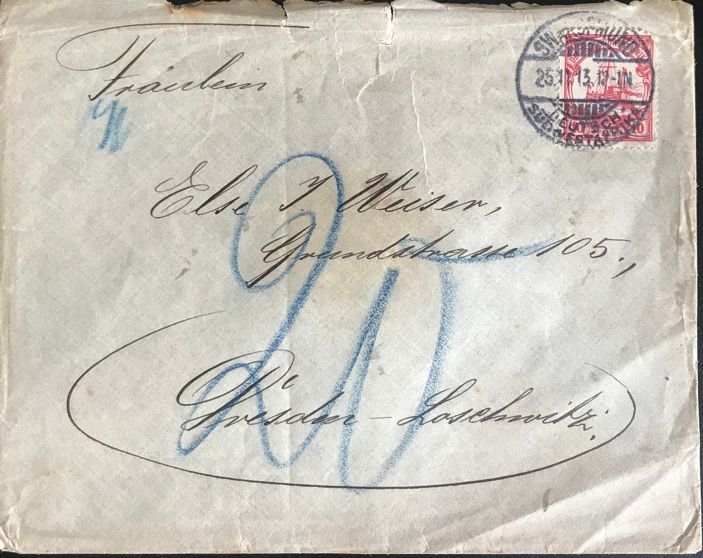PC0145 - DSWA - Brief mit Siegel und Briefmarke / Letter with seal and stamp, 25 Dec1913 at 10Pfennig stamp