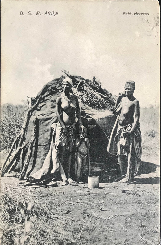 PC0146 - DSWA - Feld-Hereros vor Hütte - mit Briefmarke - 1908 / GSWA - Field-Hereros in front of hut - with stamp - 1908