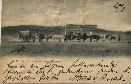 PC0167 - DSWA Postkarte - Ochsenwagen bei Witvley Militärstation 1908 / GSWA postcard - Ox wagon at Witvley military station, 1908
