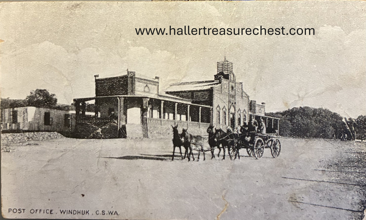 PC A 011.8 DSWA Postkarte - Post mit Pferdekutsche, Windhuk / GSWA post card, post office with horse carriage, Windhuk