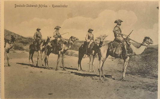 PC STR 1.2 Postcard of Schutztruppe with Camels /  Postkarte der Schutztruppe mit Kamelen auf Patrole