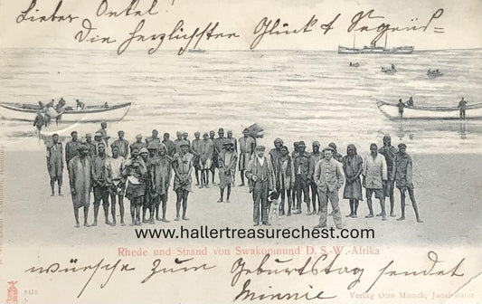 PC SWK-LUD 1.8. DSWA Postkarte - Rhede und Strand, Swakopmund / GSWA postcard - beach and loading area, Swakopmund