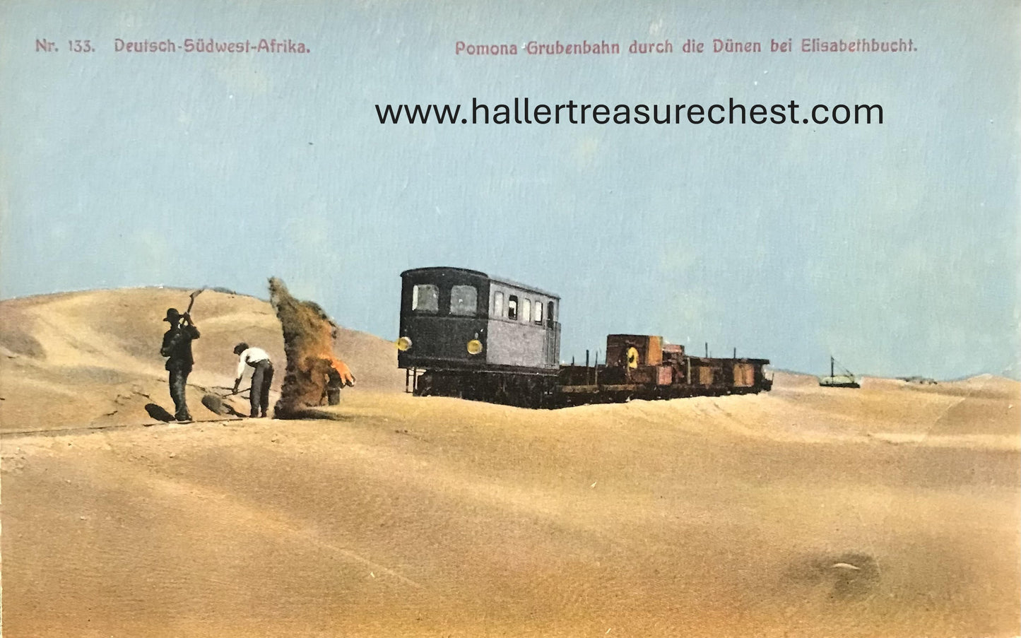 PC SWK-LUD 15.1. DSWA Postkarte, Pomona Grubenbahn durch die Dünen bei Elisabethbucht / GSWA postcard, Pomona train in dunes at Elisabeth Bay