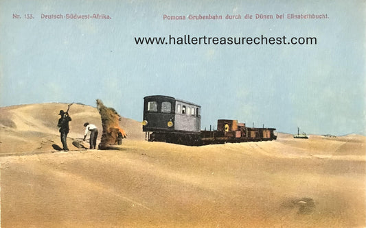 PC SWK-LUD 15.1. DSWA Postkarte, Pomona Grubenbahn durch die Dünen bei Elisabethbucht / GSWA postcard, Pomona train in dunes at Elisabeth Bay