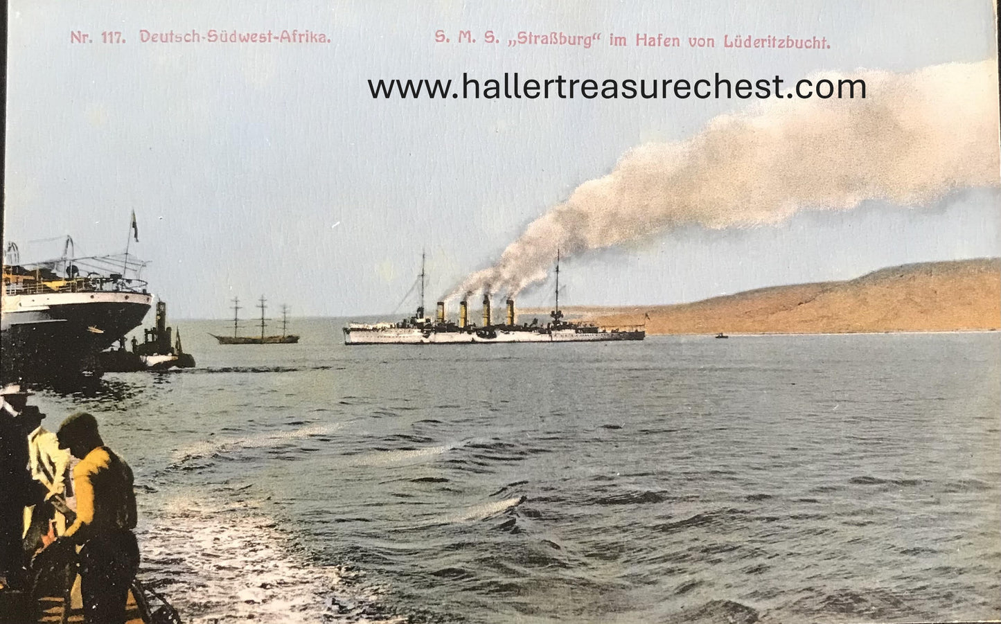 PC SWK-LUD 5.6. DSWA Postkarte, S.M.S. Strassburg im Hafen, Lüdertitzbucht, Nr 117 / GSWA postcard, S.M.S. Strassburg in the harbour, Luderitz Bay