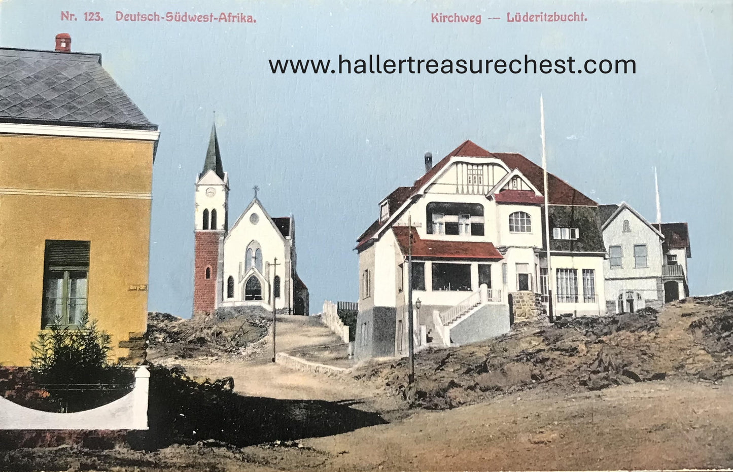 PC SWK-LUD 7.6. DSWA Postkarte, Evangelische Kirche, Kirchweg, Lüderitzbucht, Nr. 123 / Postcard DSWA, Kirchweg, Lüderitzbucht, No. 123