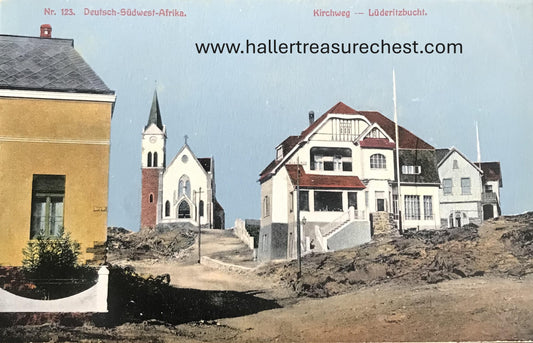 PC SWK-LUD 7.6. DSWA Postkarte, Evangelische Kirche, Kirchweg, Lüderitzbucht, Nr. 123 / Postcard DSWA, Kirchweg, Lüderitzbucht, No. 123