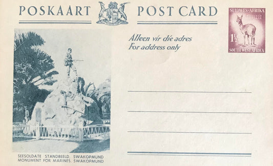 PC SWK 2.2. SWA Postkarte des Marinedenkmals in Swakopmund, mit vorgedruckten Briefmarke 1 1/2 d / SWA postcard of the naval monument in Swakopmund, with pre-printed stamp 1 1/2 d