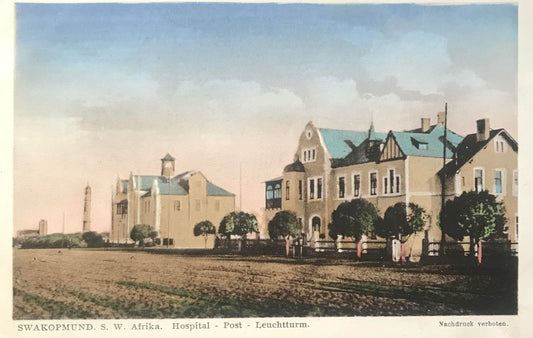 PC SWK 7.3. DSWA Postkarte - Hospital, Post und Leuchtturm, Swakopmund / GSWA postcard - Hospital, post office and lighthouse, Swakopmund