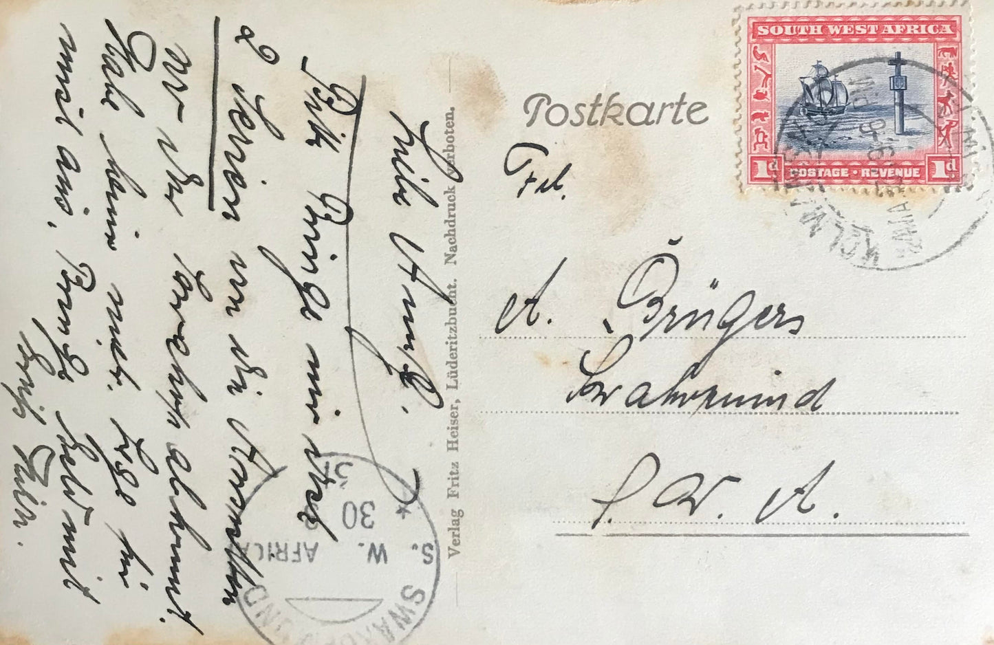 PC SWK-LUD 10.8. SWA Postkarte - Blick auf Lüderitzbucht, seltener Kolmanskop-Stempel  / SWA postcard - View on Luderitz Bay, stamped