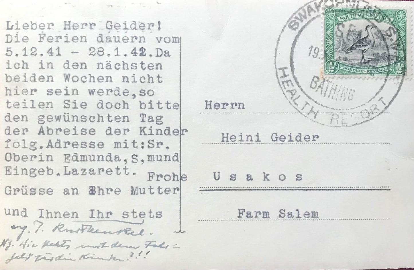 PC SWK 7.1. DSWA Postkarte, Swakopmunder Hospital / GSWA postcard, Swakopmund hospital