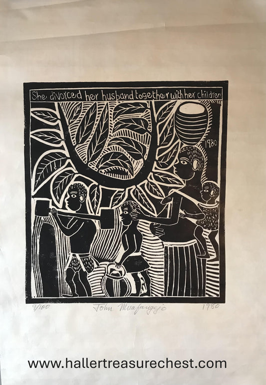 Print 2.1. SWA Original linocut of John Muafangejo, She divorced her husband together with her children, 1980
