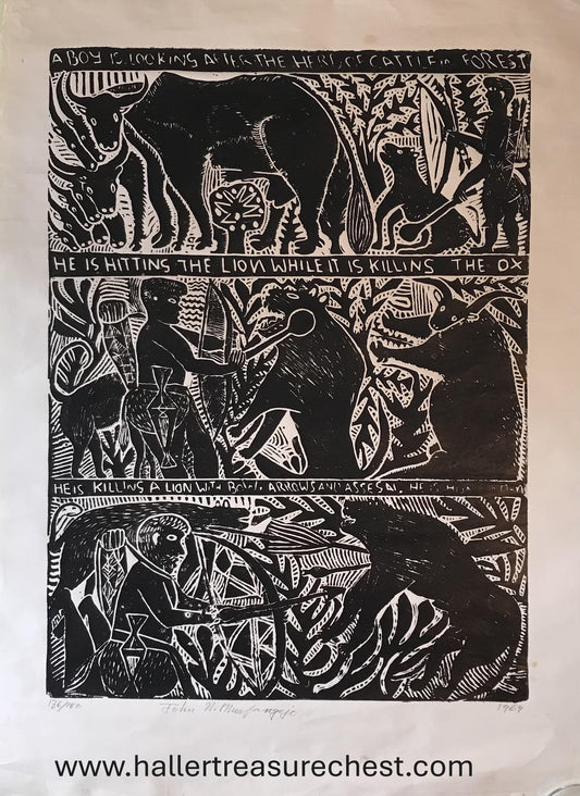 Prints 3.1. SWA Original Linocut of John N.Muafangejo, He is looking after the herd of cattle in forest, 1969