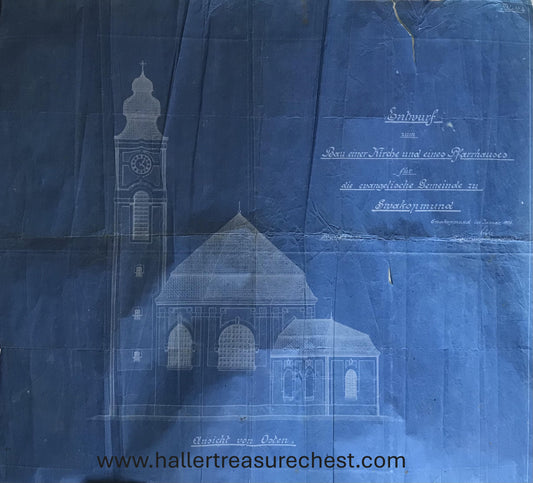Prints 5.1. Original Blaudruck - Deutsch Evangelisch-Lutherischen Kirche, Swakopmund, DSWA, 1909 /  Original blueprint of the Evangelical Lutheran Church, Swakopmund, GSWA