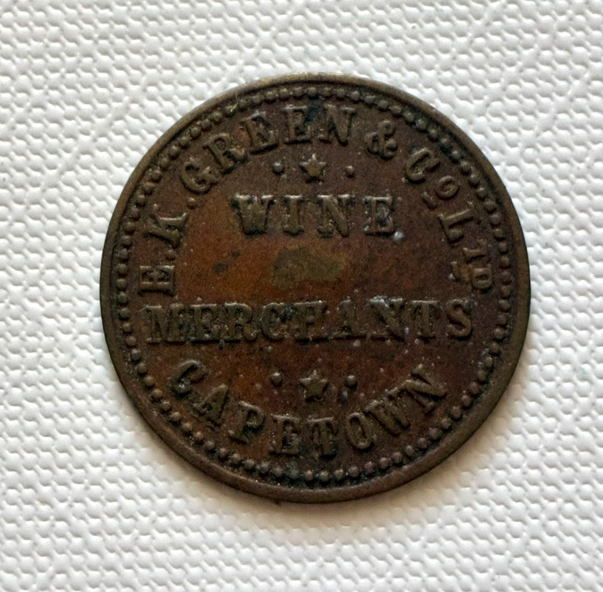 Token 27 – South Africa – H.K. Green &amp; Co. Ltd., Wine Merchants, Cape Town – Trade Token