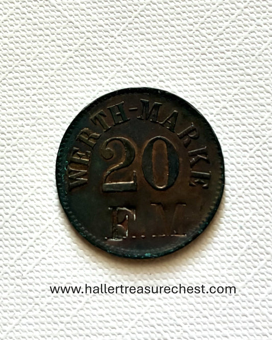 Token 5 - Germany / DSWA? - 20 Pfennigs Werth-Marke, Countermarked “F.M.”