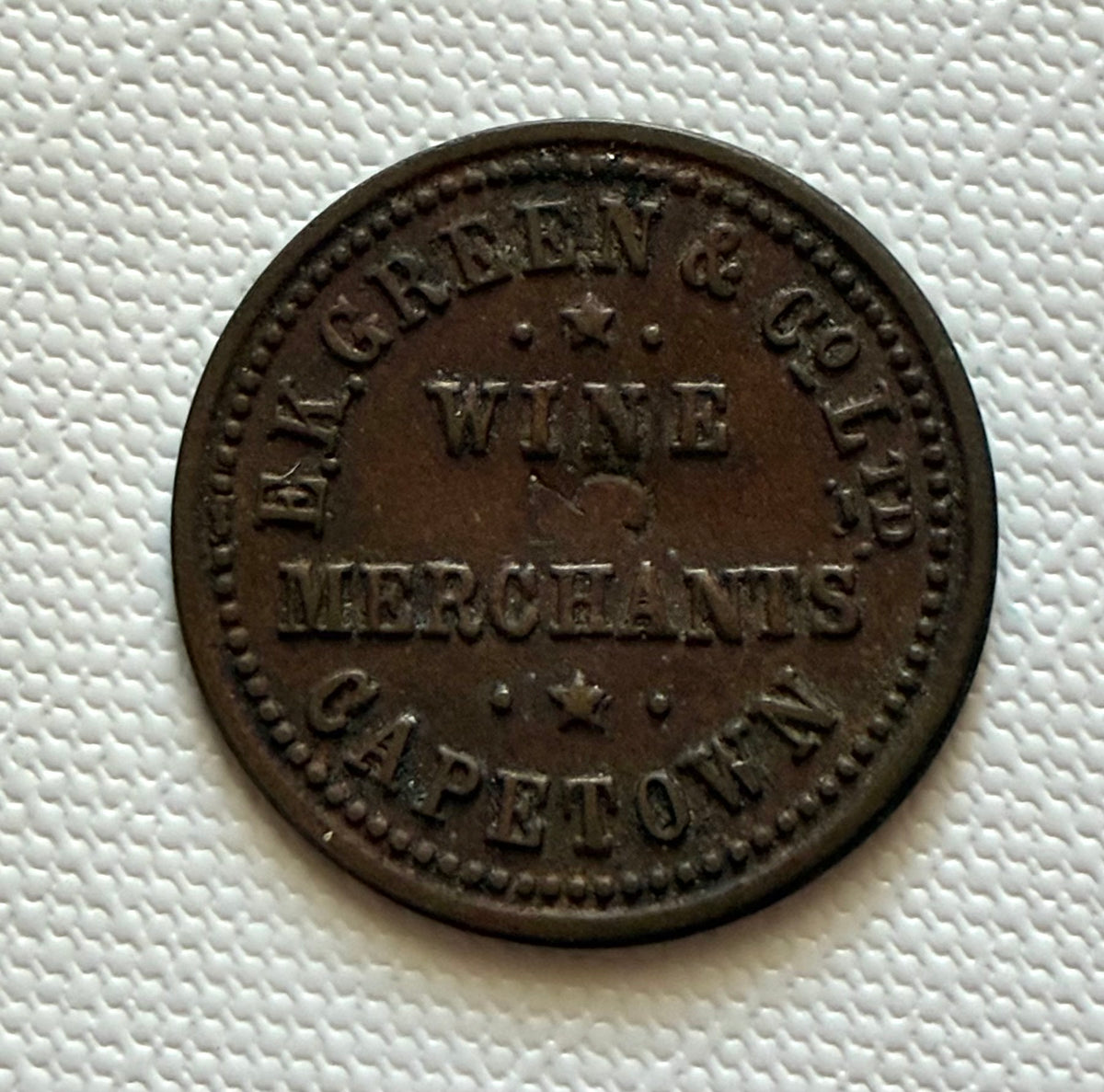 Token 27 – South Africa – H.K. Green &amp; Co. Ltd., Wine Merchants, Cape Town – Trade Token