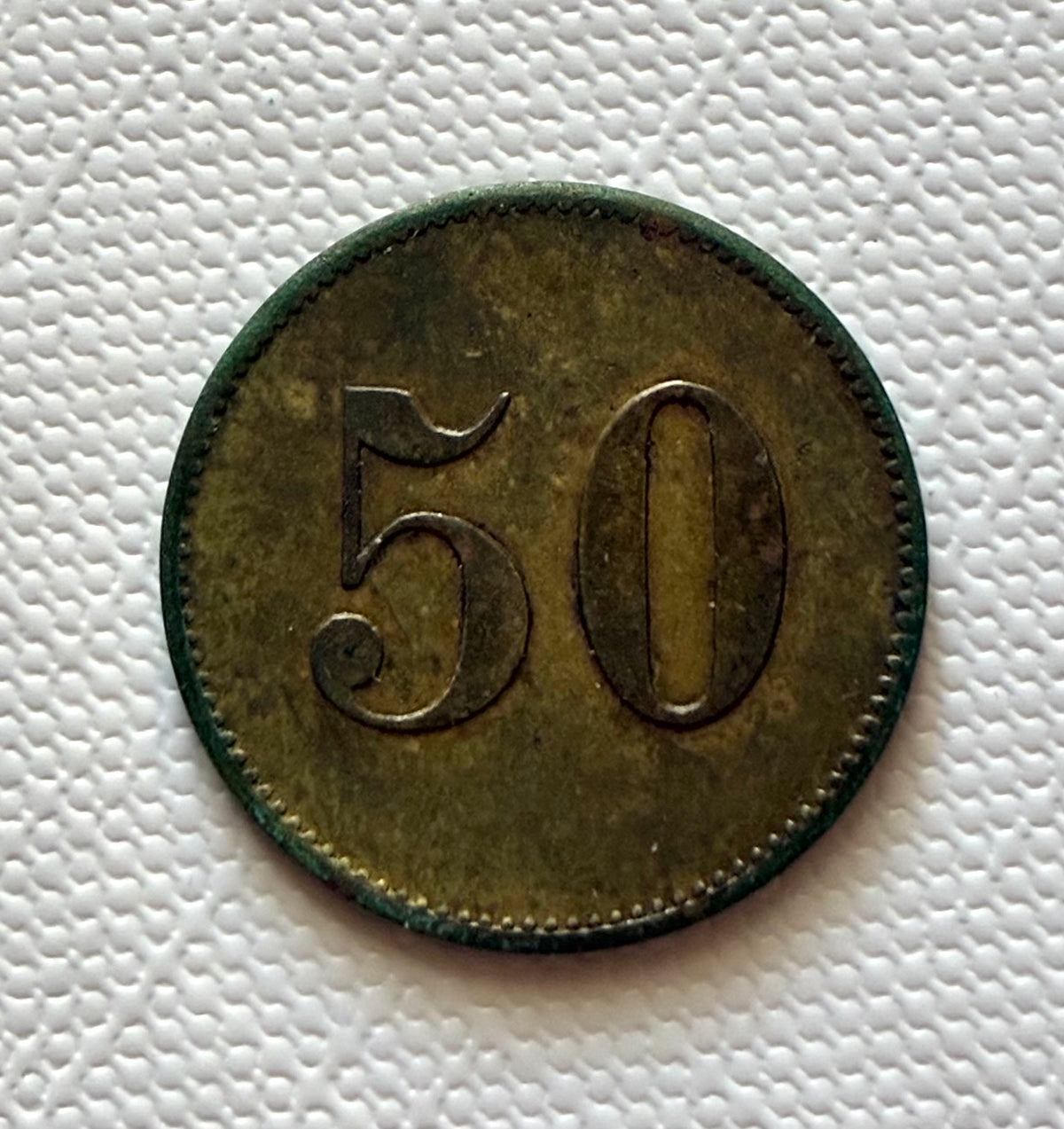 Token 28 – DSWA – German South West Africa – Hotel Kronprinz, Windhuk – 50 Pfennig Werth-Marke, c. 1902–1918