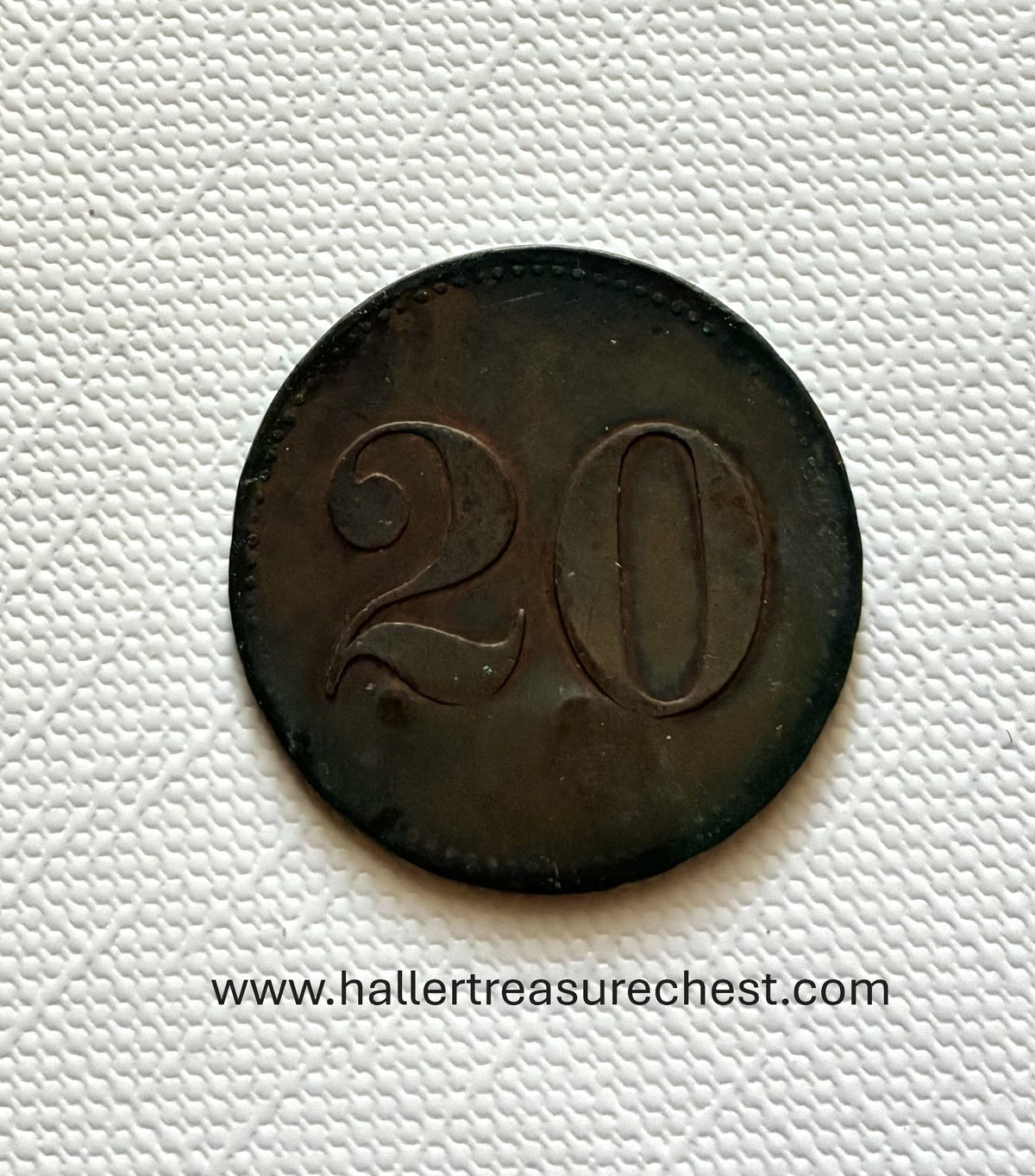 Token 5 - Germany / DSWA? - 20 Pfennigs Werth-Marke, Countermarked “F.M.”